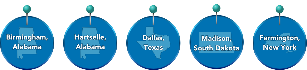 Graphic showing Porter Freight Funding office locations in Birmingham Alabama, Hartselle Alabama, Dallas Texas, Madison South Dakota, and Farmington New York.