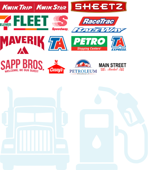 Logos of major truck stops and fuel stations including Kwik Trip, Kwik Star, Sheetz, 7-Eleven, Fleet, Speedway, RaceTrac, Raceway, Maverik, TA, Petro Stopping Centers, TA Express, Sapp Bros, Casey’s, Petroleum Wholesale, and Main Street Market showing locations where trucking companies can use the Porter Fuel Card for diesel discounts.
