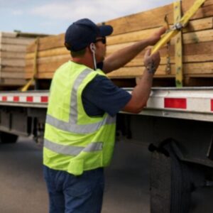 Truck driver securing lumber on flatbed trailer with straps, representing flatbed trucking companies managing loads and improving cash flow with factoring