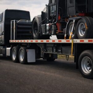 Flatbed truck hauling heavy specialized equipment secured on trailer, representing step deck and specialized freight operators using factoring for faster funding