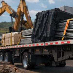 Flatbed truck loaded with steel and construction materials near job site equipment, representing carriers hauling construction freight and needing reliable cash flow