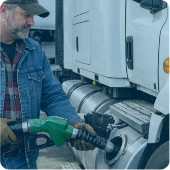 Truck driver fueling semi truck with diesel representing fuel card savings and fuel advances for trucking companies