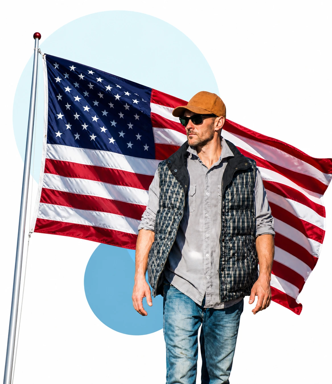 New authority truck driver standing in front of an American flag representing owner operators, startup trucking companies, and American trucking businesses.