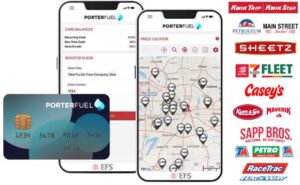 A collection of images showing the porter freight fuel card, a preview of the app, a map preview showing where to find valid fuel stations, and a list of partners of Porter Freight Funding.
