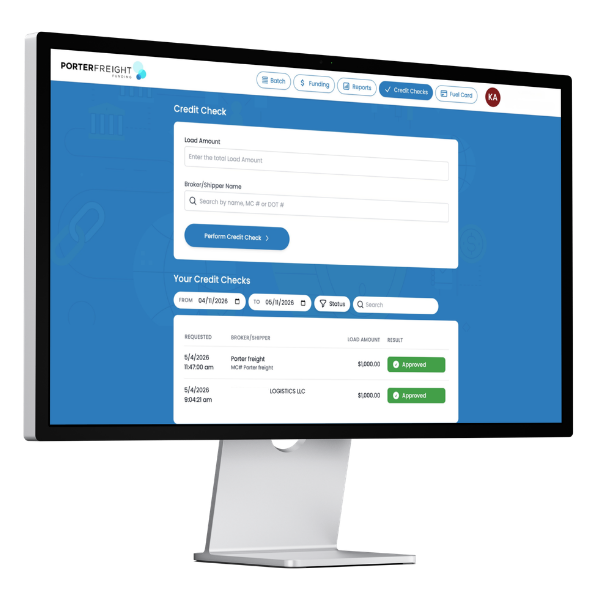 PorterGO desktop dashboard showing trucking credit checks, broker verification, and load approval tools for trucking companies and owner operators.