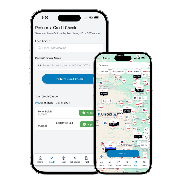 PorterGO mobile app showing trucking credit checks, broker approval tools, and fuel card savings map for trucking companies and owner operators.