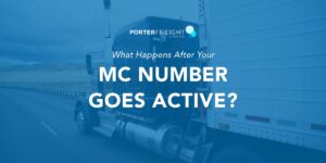 Semi truck driving on highway representing what happens after an MC number goes active for new trucking companies and owner-operators seeking loads, freight factoring, fuel cards, and trucking cash flow solutions.