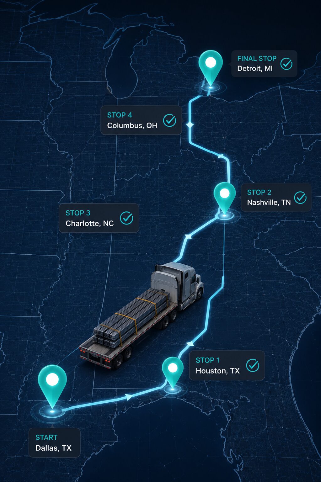 Dispatch Service Route Planning for Owner-Operators and Small Fleets Flatbed truck following a multi-stop freight route on a digital map, representing trucking dispatch services that help owner-operators secure loads, optimize routes, negotiate broker rates, and reduce downtime between loads.