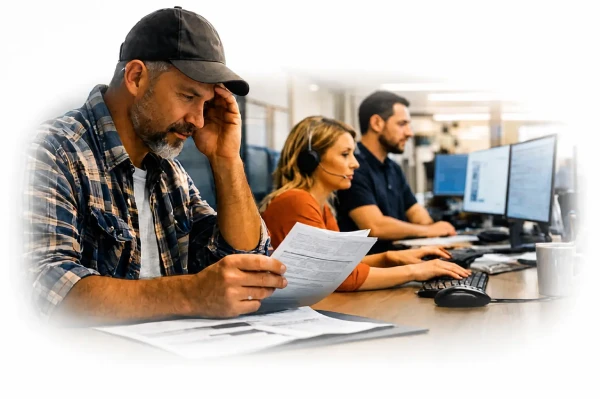 Trucking company staff managing unpaid freight invoices and broker collections