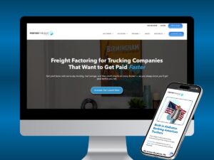 Porter Freight Funding new website shown on desktop and mobile featuring freight factoring for trucking companies with same-day funding and free broker credit checks.
