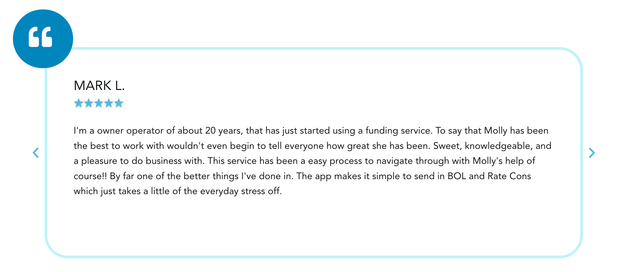 5-star review of Porter Freight Funding from Mark L., a 20-year owner-operator, praising account rep Molly and the PorterGo app for simplifying BOL and rate con submissions