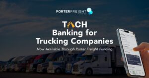 TACH banking for trucking companies now available through Porter Freight Funding, shown with a fleet of trucks and the TACH mobile banking app
