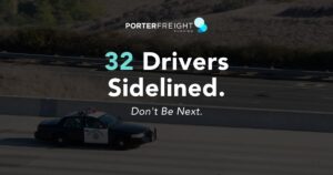 Porter Freight Funding graphic reading "32 Drivers Sidelined. Don't Be Next." over an image of a highway patrol car on the road representing commercial vehicle inspection violations