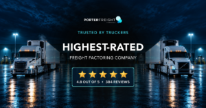 Two semi trucks at a loading dock at night with the Porter Freight Funding logo, reading Highest Rated Freight Factoring Company, Trusted by Truckers, 4.8 out of 5 stars from 384 reviews